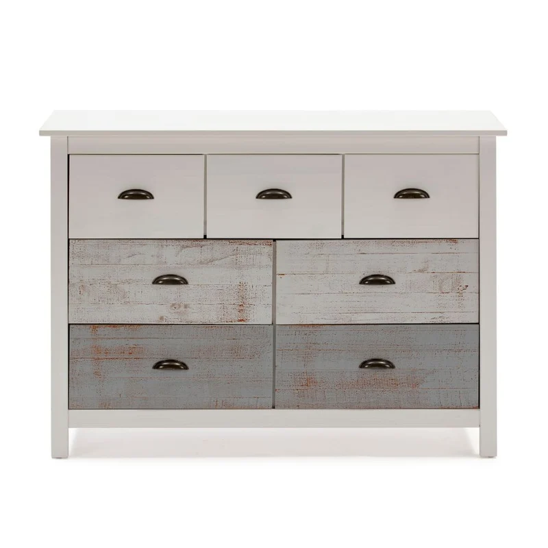 Comò in legno massiccio con 7 cassetti colore bianco e grigio 110x40x80H cm - Romantica