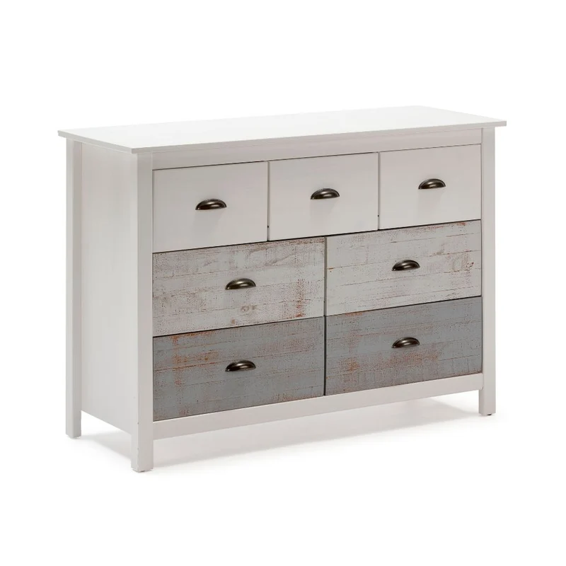 Comò in legno massiccio con 7 cassetti colore bianco e grigio 110x40x80H cm - Romantica