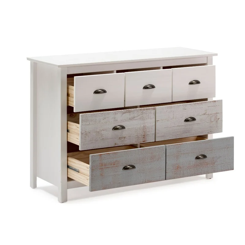 Comò in legno massiccio con 7 cassetti colore bianco e grigio 110x40x80H cm - Romantica