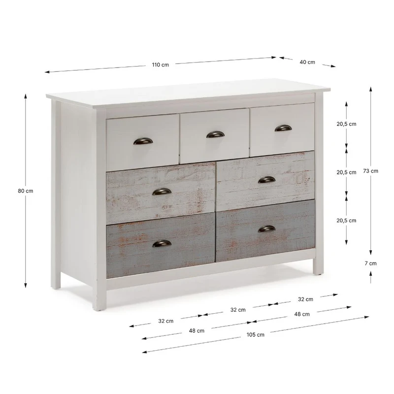 Comò in legno massiccio con 7 cassetti colore bianco e grigio 110x40x80H cm - Romantica