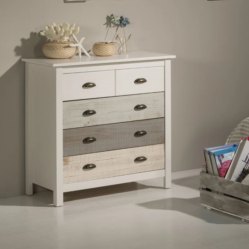 Comò in legno massiccio con 5 cassetti colore bianco grigio e crema 79x40x80H cm - Romantica