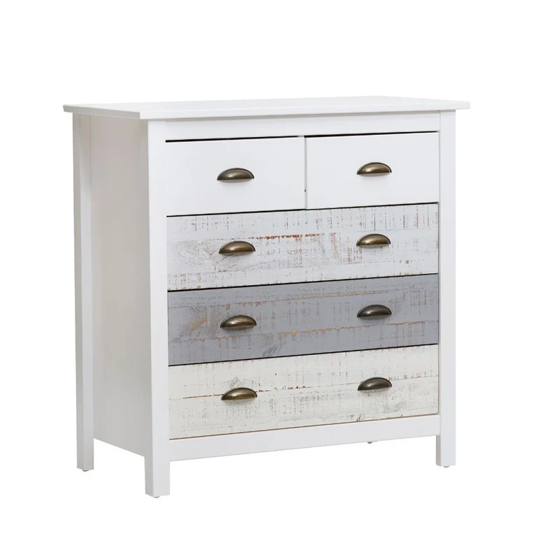 Comò in legno massiccio con 5 cassetti colore bianco grigio e crema 79x40x80H cm - Romantica