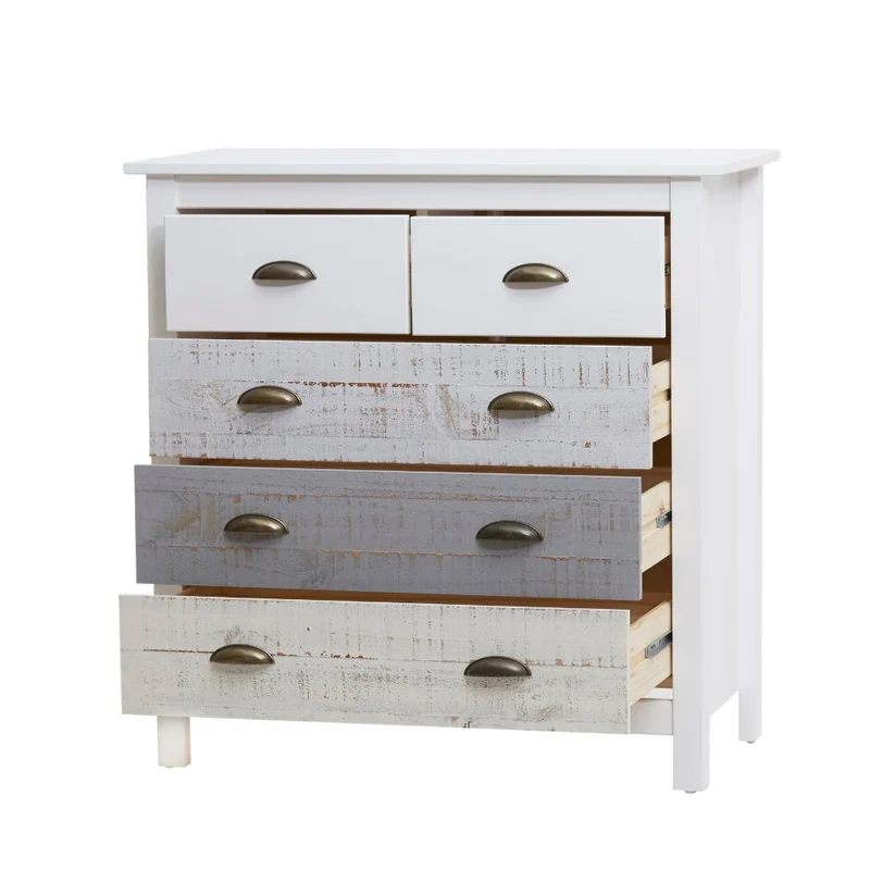 Comò in legno massiccio con 5 cassetti colore bianco grigio e crema 79x40x80H cm - Romantica