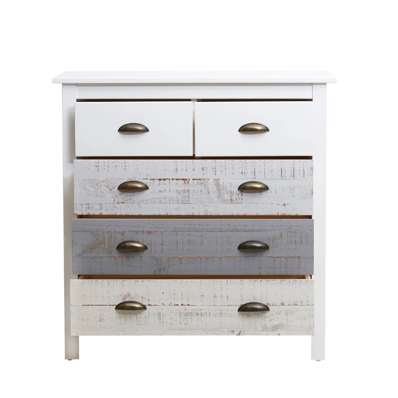 Comò in legno massiccio con 5 cassetti colore bianco grigio e crema 79x40x80H cm - Romantica