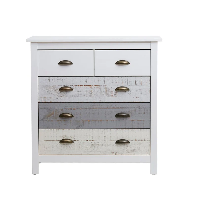 Comò in legno massiccio con 5 cassetti colore bianco grigio e crema 79x40x80H cm - Romantica