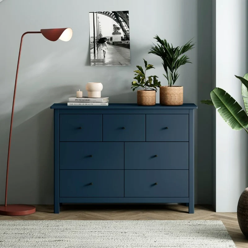 Cassettiera in legno massiccio con 7 cassetti colore blu 110x40x80H cm - Missy