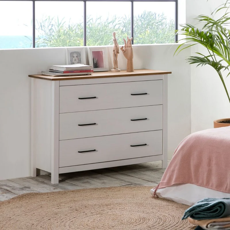 Comò in legno massiccio colore bianco e pino 100x40x80H cm - Miranda