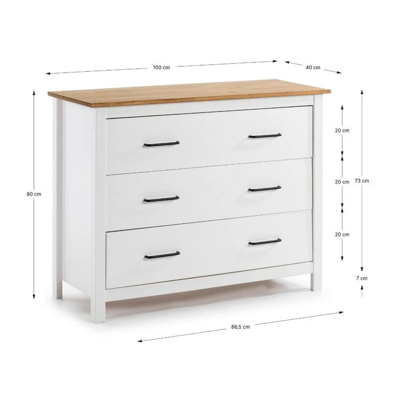 Comò in legno massiccio colore bianco e pino 100x40x80H cm - Miranda