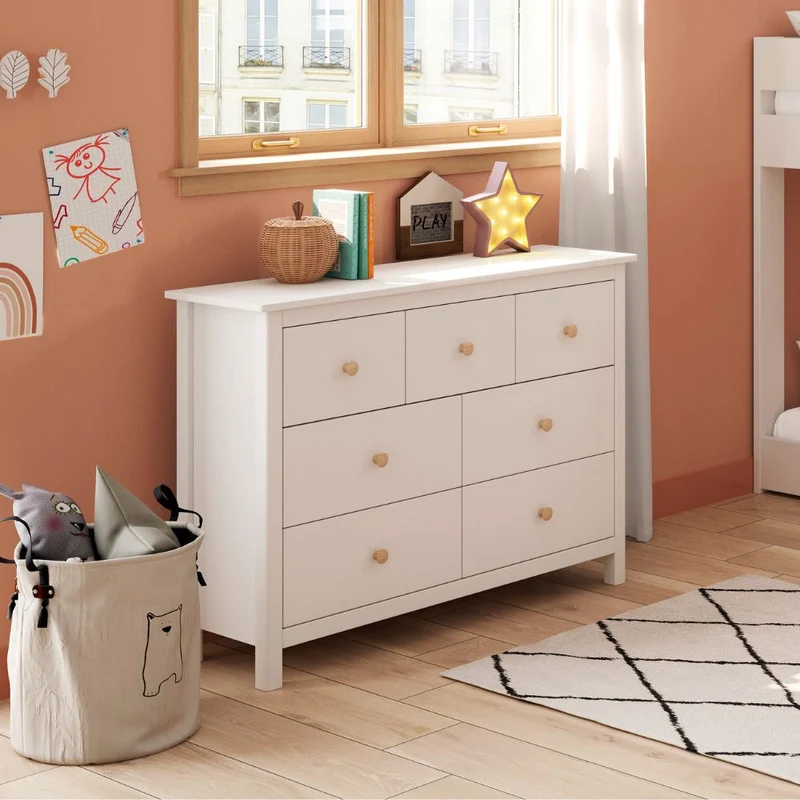 Cassettiera in legno massiccio con 7 cassetti colore bianco 110x40x80H cm - Max