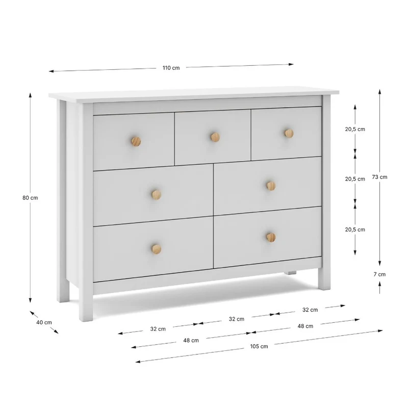 Cassettiera in legno massiccio con 7 cassetti colore bianco 110x40x80H cm - Max