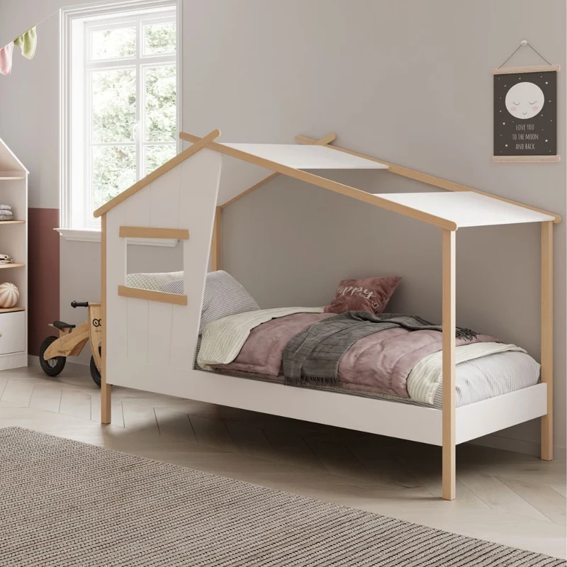 Letto singolo a forma di casetta in legno massiccio colore bianco - Nidin