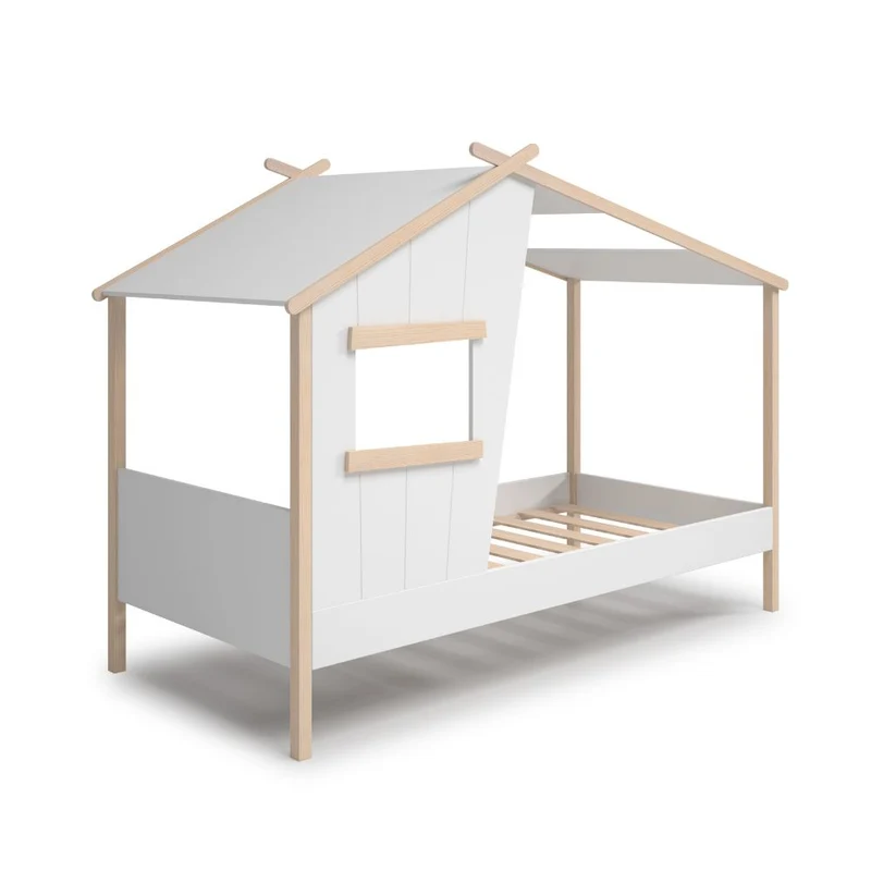 Letto singolo a forma di casetta in legno massiccio colore bianco - Nidin