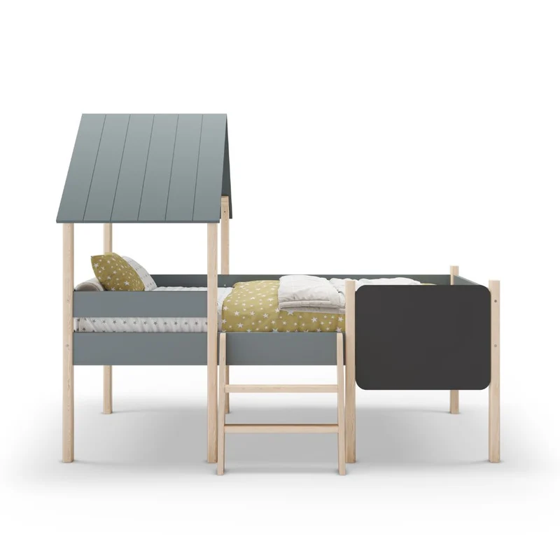 Letto singolo rialzato a forma di casetta in legno massiccio colore verde cachi e pino - Minty