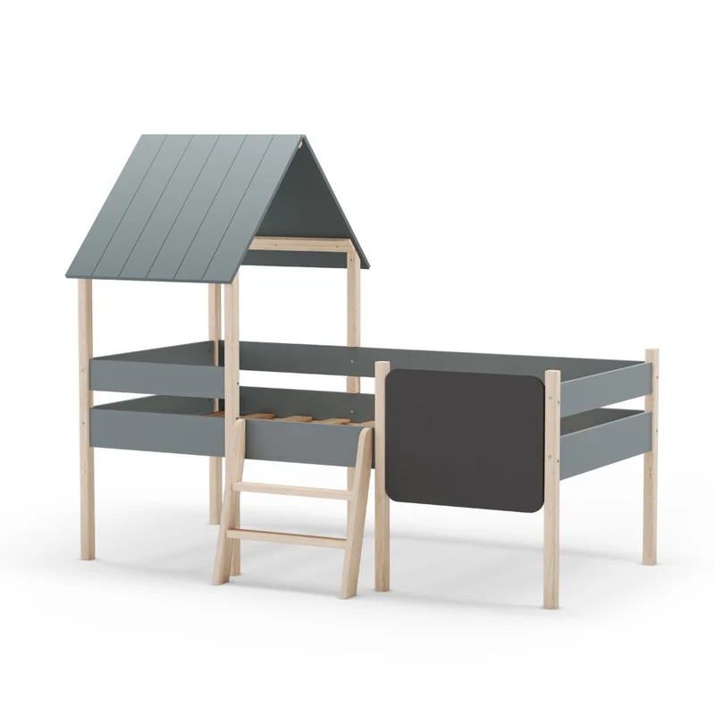 Letto singolo rialzato a forma di casetta in legno massiccio colore verde cachi e pino - Minty