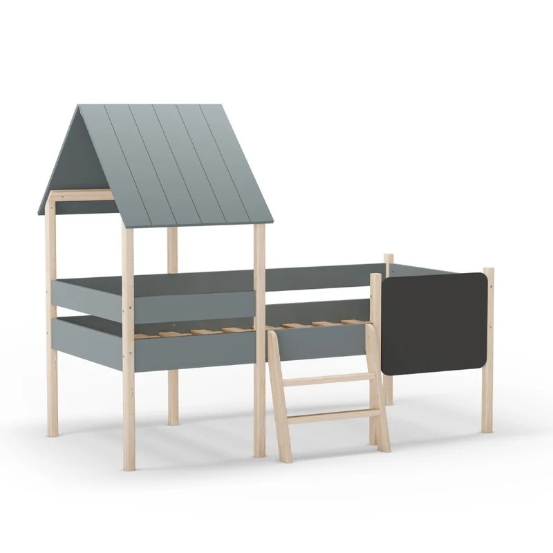 Letto singolo rialzato a forma di casetta in legno massiccio colore verde cachi e pino - Minty