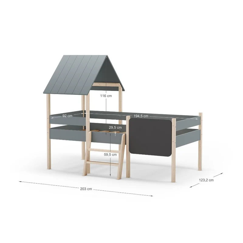 Letto singolo rialzato a forma di casetta in legno massiccio colore verde cachi e pino - Minty