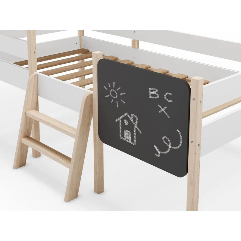 Letto singolo rialzato a forma di casetta in legno massiccio colore bianco e pino - Minty