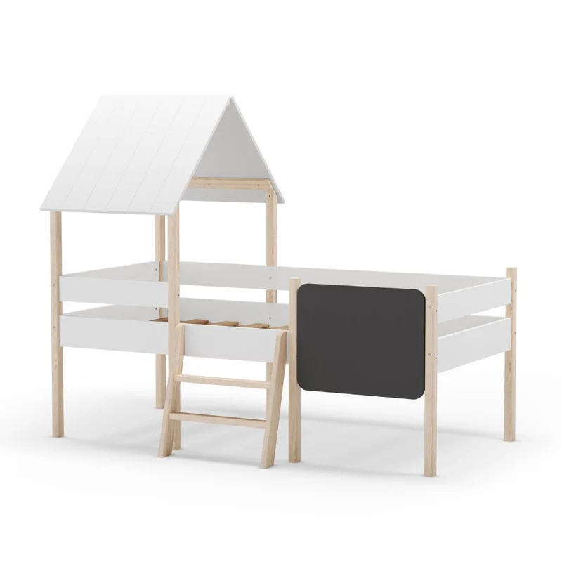 Letto singolo rialzato a forma di casetta in legno massiccio colore bianco e pino - Minty