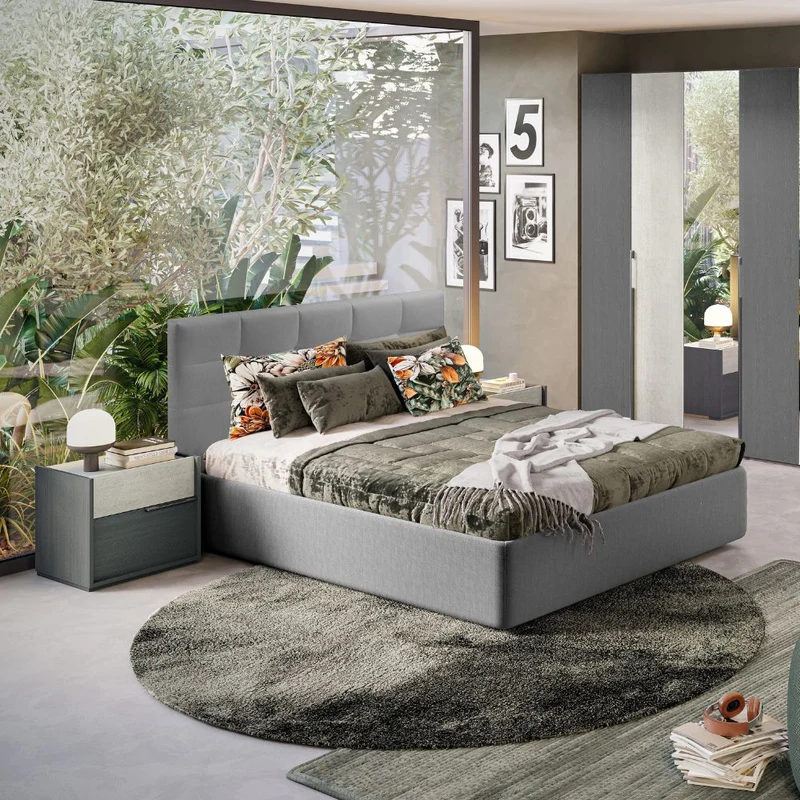 Camera da letto completa letto contenitore armadio con specchi e ante colore grigio e cemento - Faba