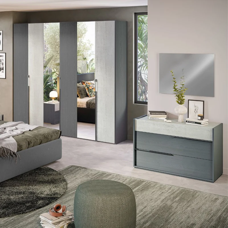 Camera da letto completa letto contenitore armadio con specchi e ante colore grigio e cemento - Faba
