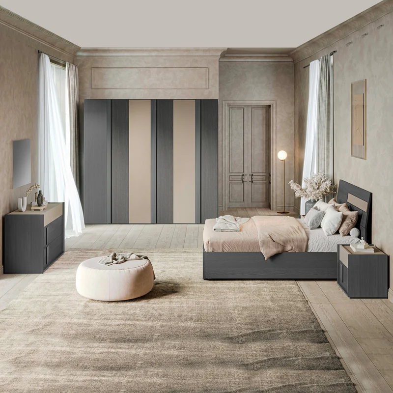 Camera da letto completa con letto contenitore e armadio 6 ante battenti colore grigio e talco - Faba