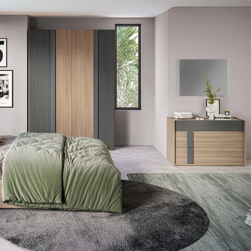 Camera da letto completa con letto contenitore e armadio 6 ante battenti colore grigio e noce - Faba