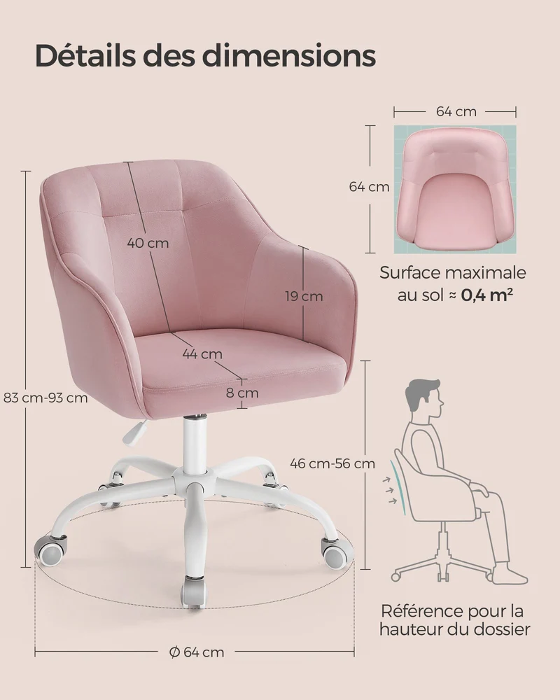 Fauteuil de bureau ergonomique réglable hauteur 64 x 64 x 93 cm design moderne confort optimal en velours rose bonbon 12_0009907