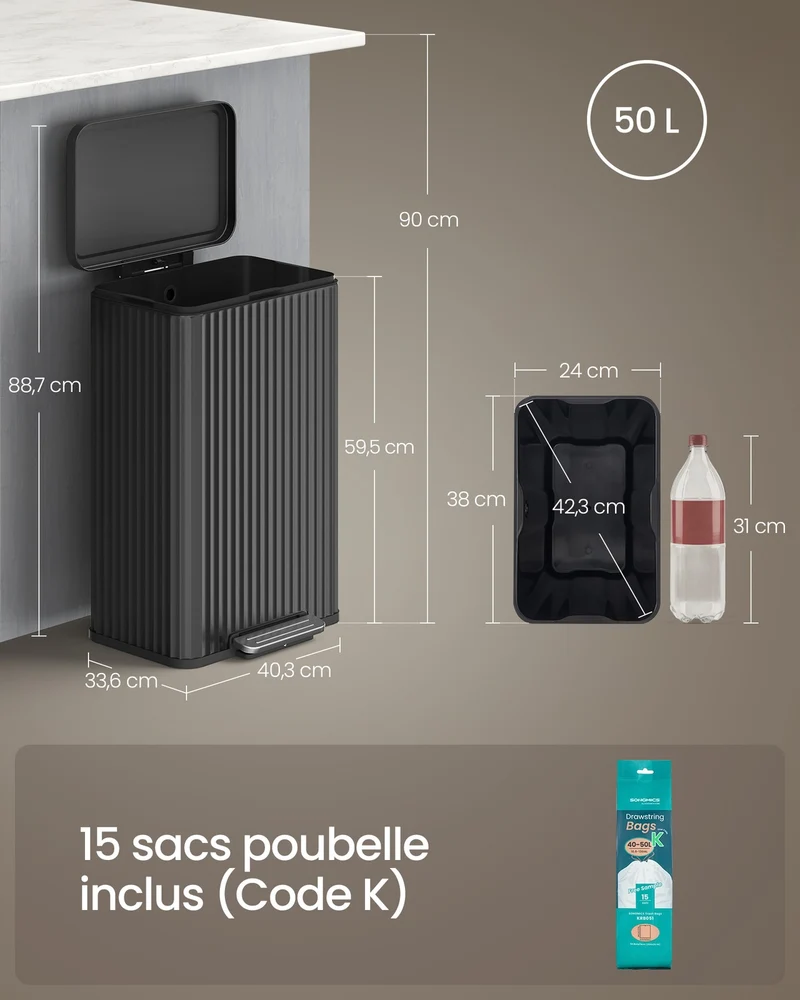 Poubelle de cuisine 50 L avec pédale fermeture douce seau intérieur amovible 40,3 x 33,6 x 62,5 cm en acier noir 12_0013008