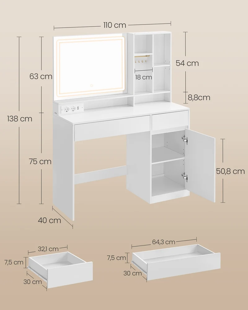 Coiffeuse avec miroir et lumière design moderne rangement pour bijoux 40 x 110 x 138 cm en MDF blanc 12_0012951