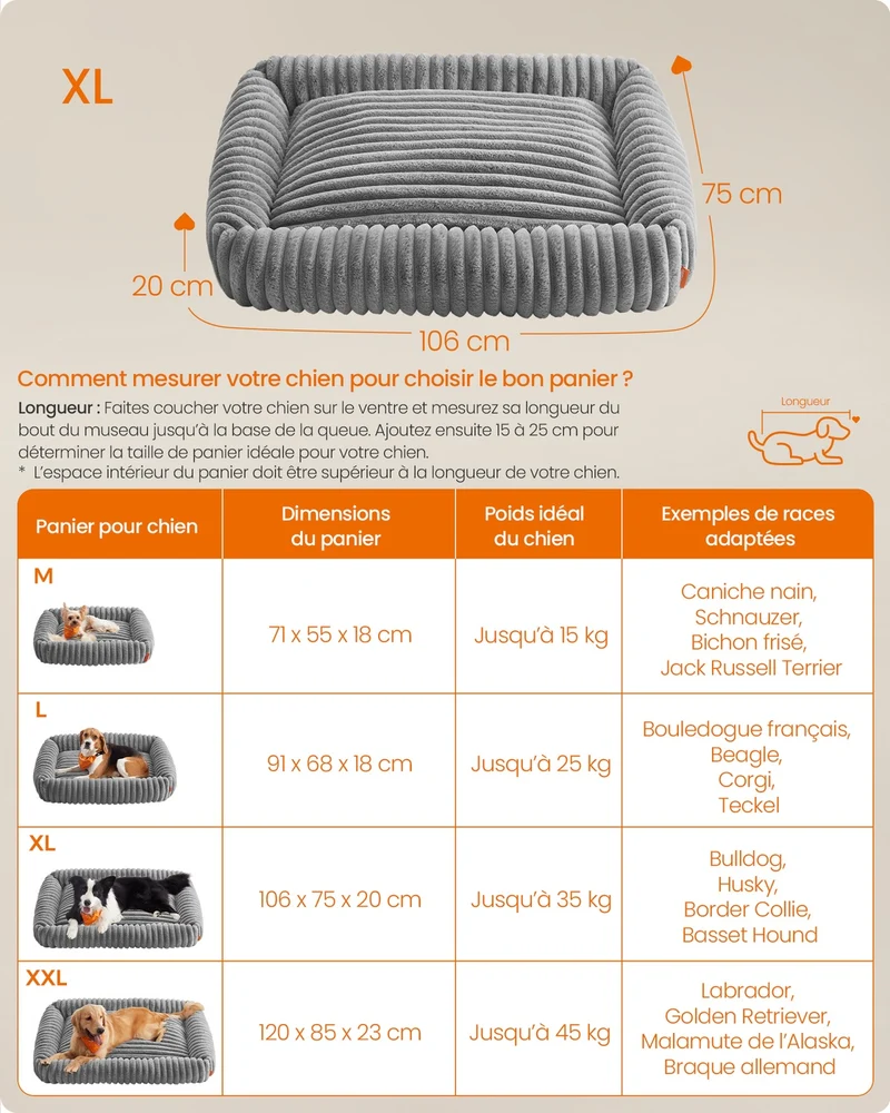 Panier pour chien orthopédique moelleux lavable 106 x 75 x 20 cm ambiance cosy en tissu gris 12_0012946