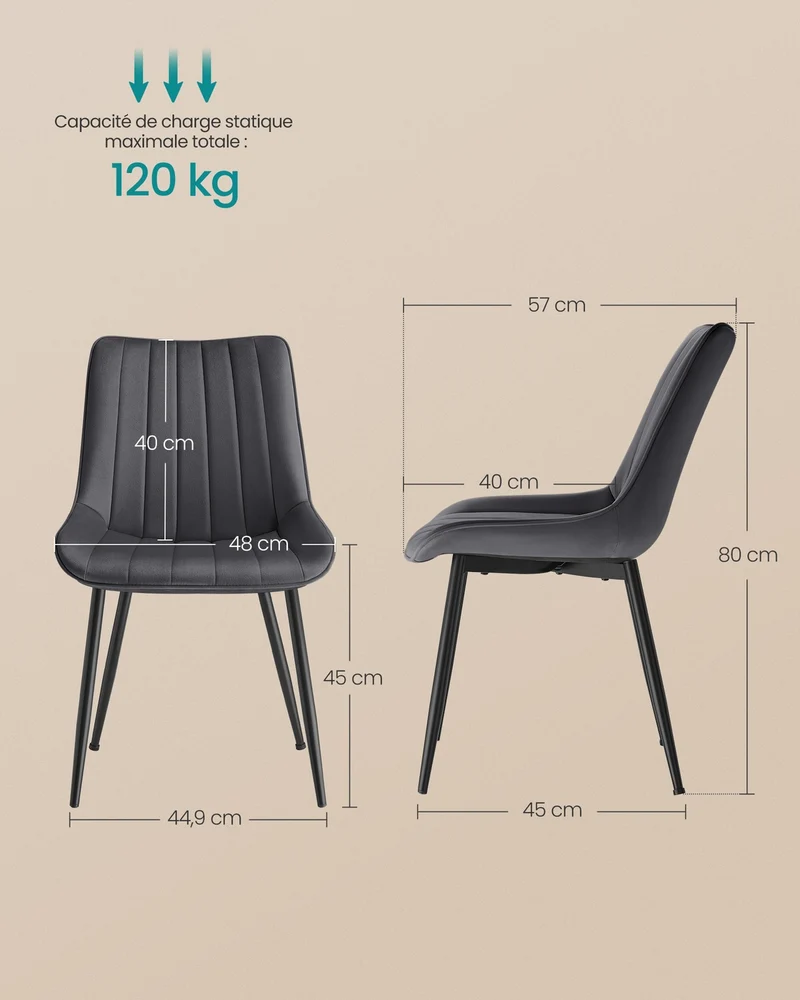 Lot de 4 chaises de salle à manger ergonomiques 57 x 48 x 80 cm capacité 120 kg design moderne en polyester noir 12_0012838