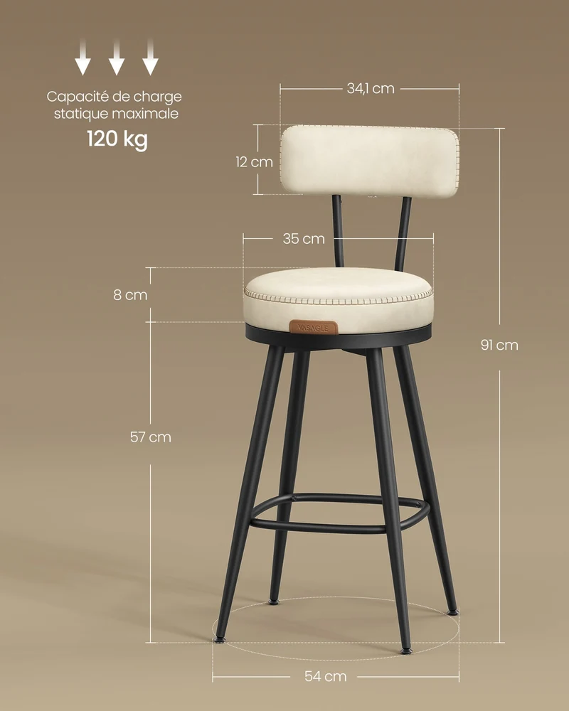 Lot de 2 tabourets de bar design moderne 54 x 54 x 91 cm assise confortable ambiance contemporaine en PU blanc crème 12_0011936