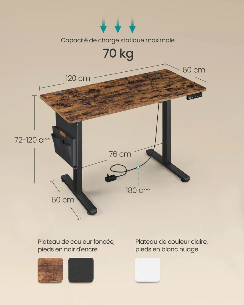Bureau électrique assis-debout réglable en hauteur 60 x 120 x 72-120 cm 4 hauteurs mémorisables style moderne en aggloméré blanc 12_0011796