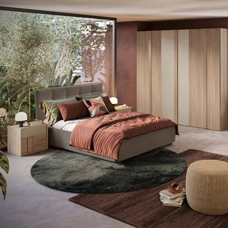 Camera da letto completa con letto contenitore e armadio 6 ante battenti colore noce e talco - Faba