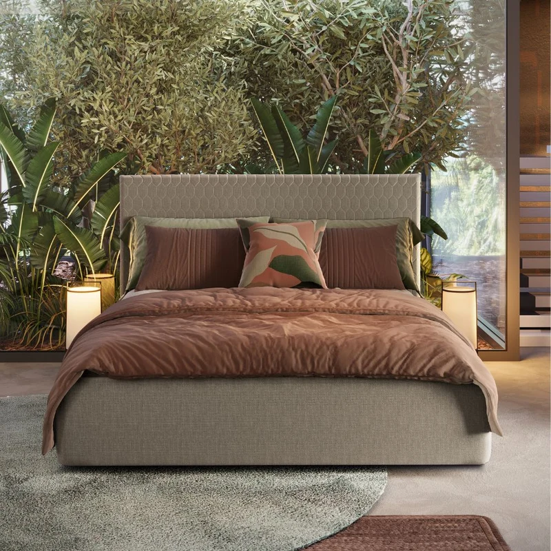 Camera da letto con armadio e letto contenitore colore noce e talco - Besanc