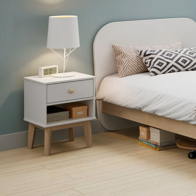 Comodino in legno massiccio con cassetto colore bianco 40x35x53H cm – Reston