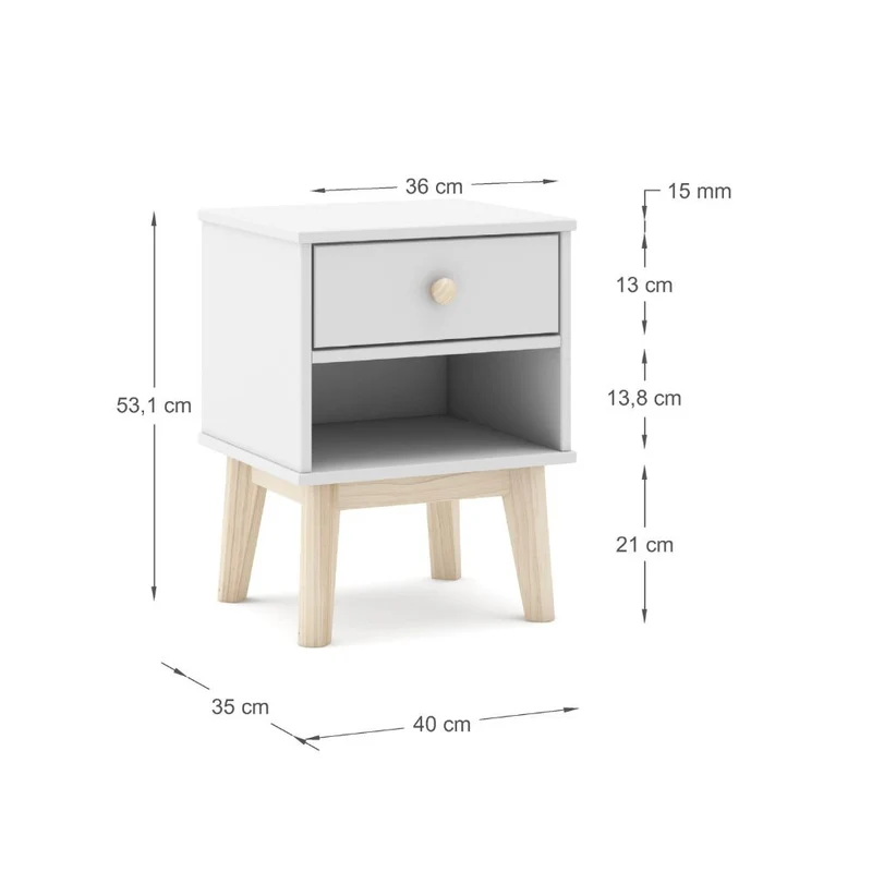 Comodino in legno massiccio con cassetto colore bianco 40x35x53H cm – Reston
