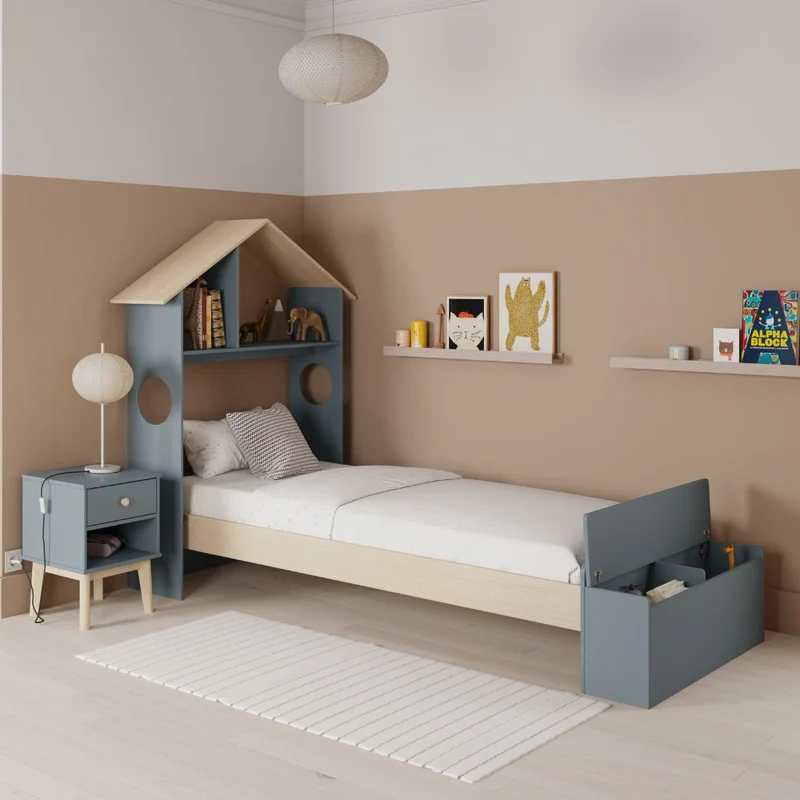 Letto singolo in legno con testiera a casetta e pediera contenitore colore verde cachi e pino - Odessa