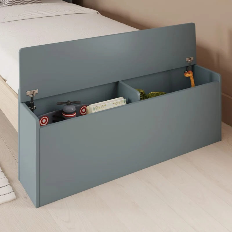 Letto singolo in legno con testiera a casetta e pediera contenitore colore verde cachi e pino - Odessa