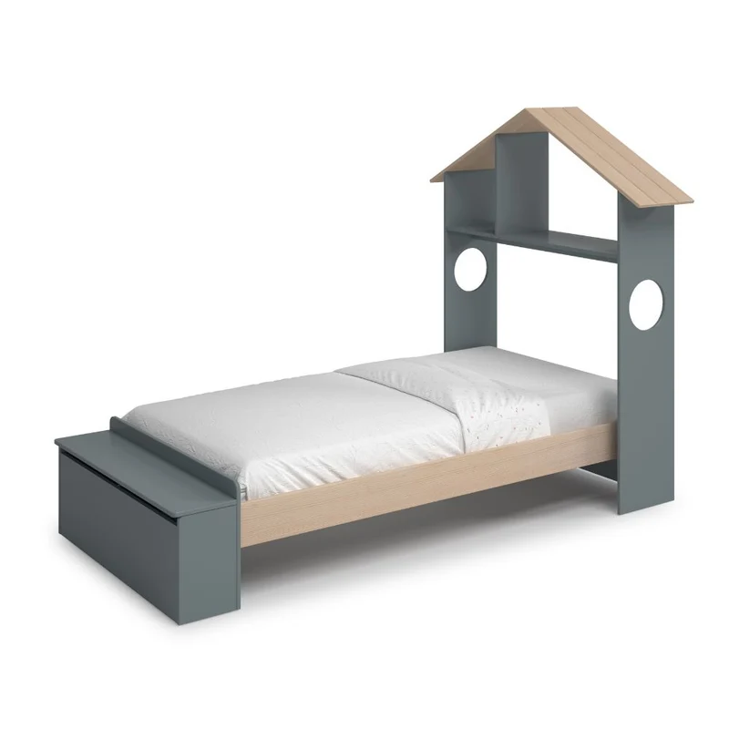 Letto singolo in legno con testiera a casetta e pediera contenitore colore verde cachi e pino - Odessa