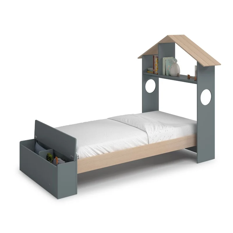 Letto singolo in legno con testiera a casetta e pediera contenitore colore verde cachi e pino - Odessa
