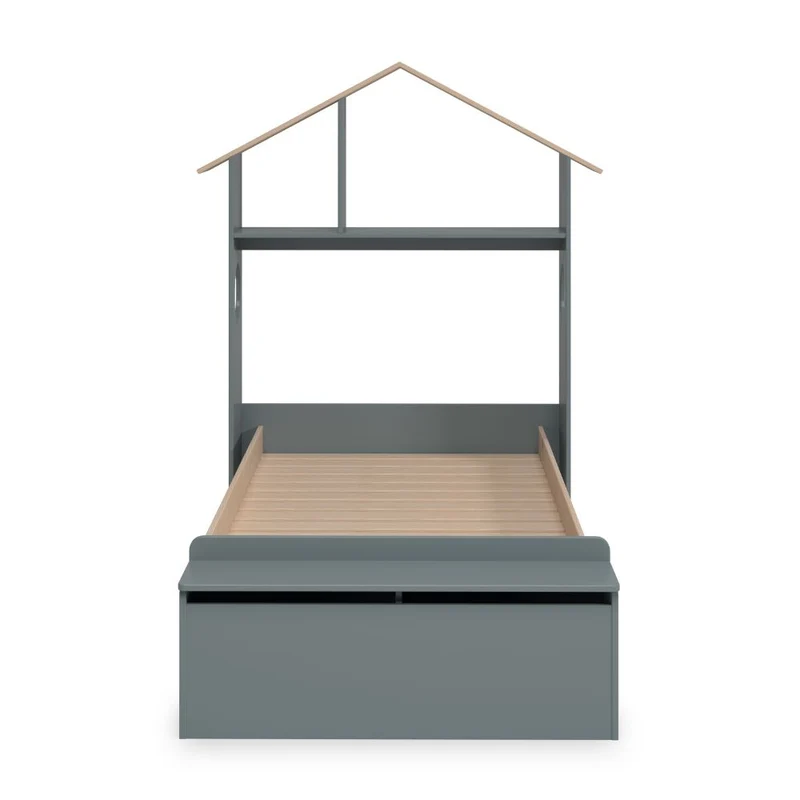Letto singolo in legno con testiera a casetta e pediera contenitore colore verde cachi e pino - Odessa