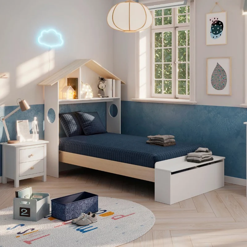 Letto singolo in legno con testiera a casetta e pediera contenitore colore bianco - Odessa