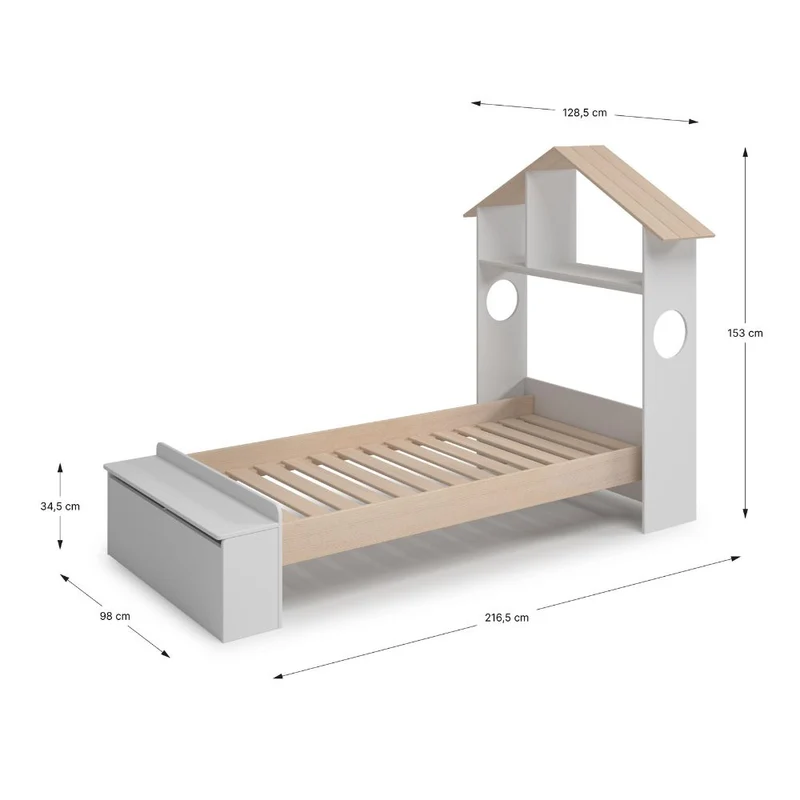 Letto singolo in legno con testiera a casetta e pediera contenitore colore bianco - Odessa