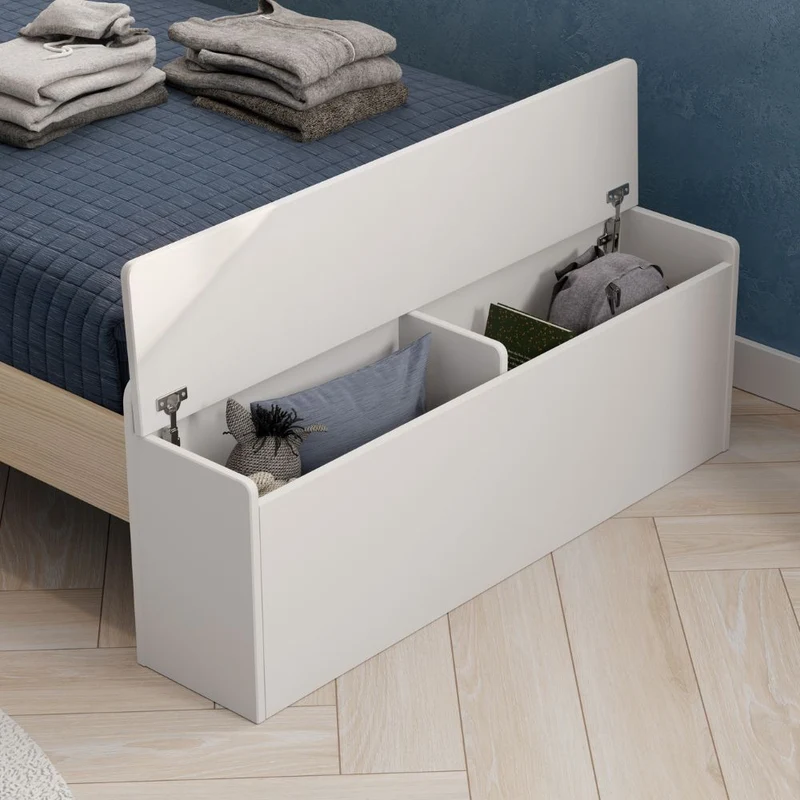 Letto singolo in legno con testiera a casetta e pediera contenitore colore bianco - Odessa
