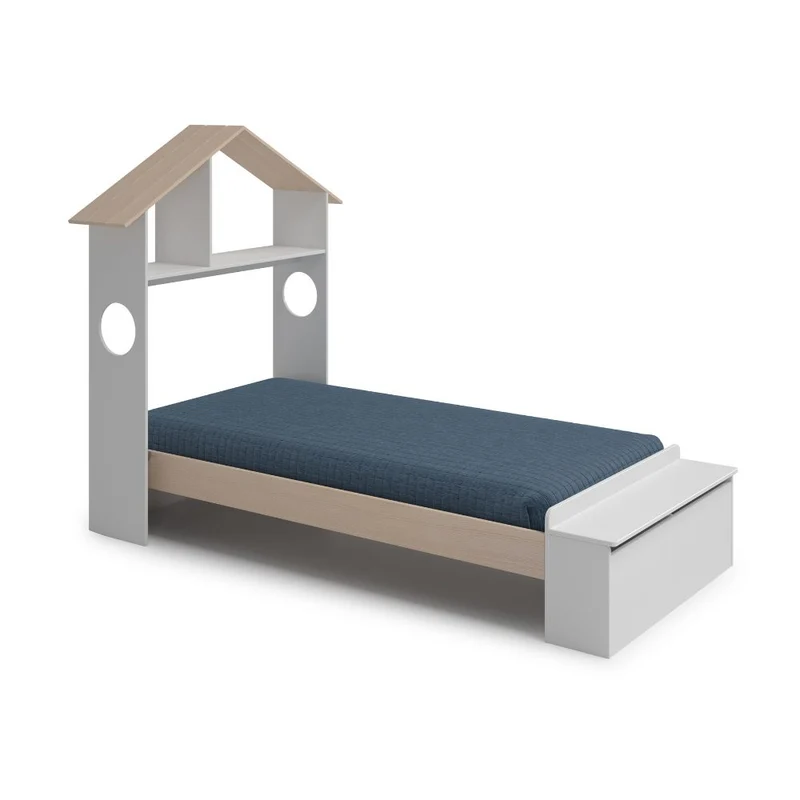 Letto singolo in legno con testiera a casetta e pediera contenitore colore bianco - Odessa