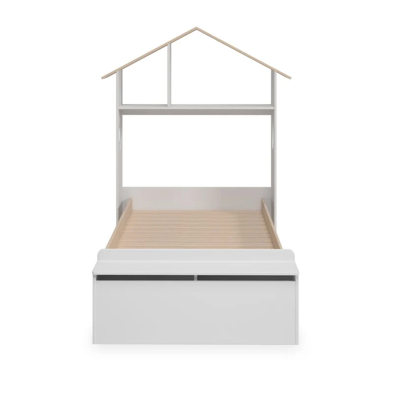 Letto singolo in legno con testiera a casetta e pediera contenitore colore bianco - Odessa