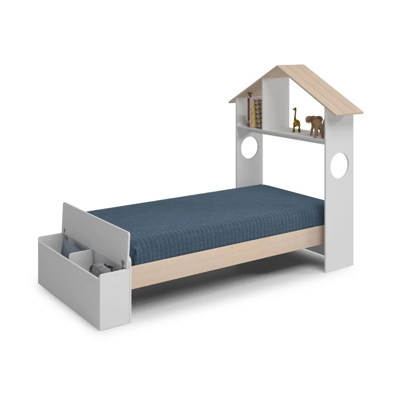 Letto singolo in legno con testiera a casetta e pediera contenitore colore bianco - Odessa