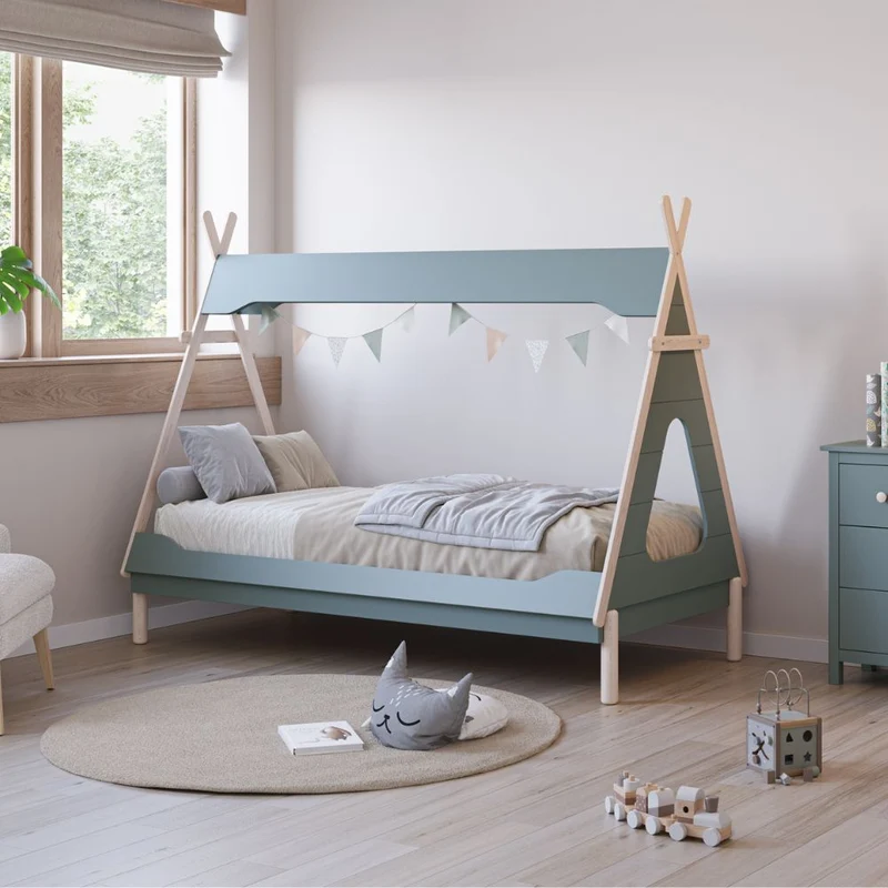 Letto singolo a forma di tenda colore verde petrolio e bianco - Nora