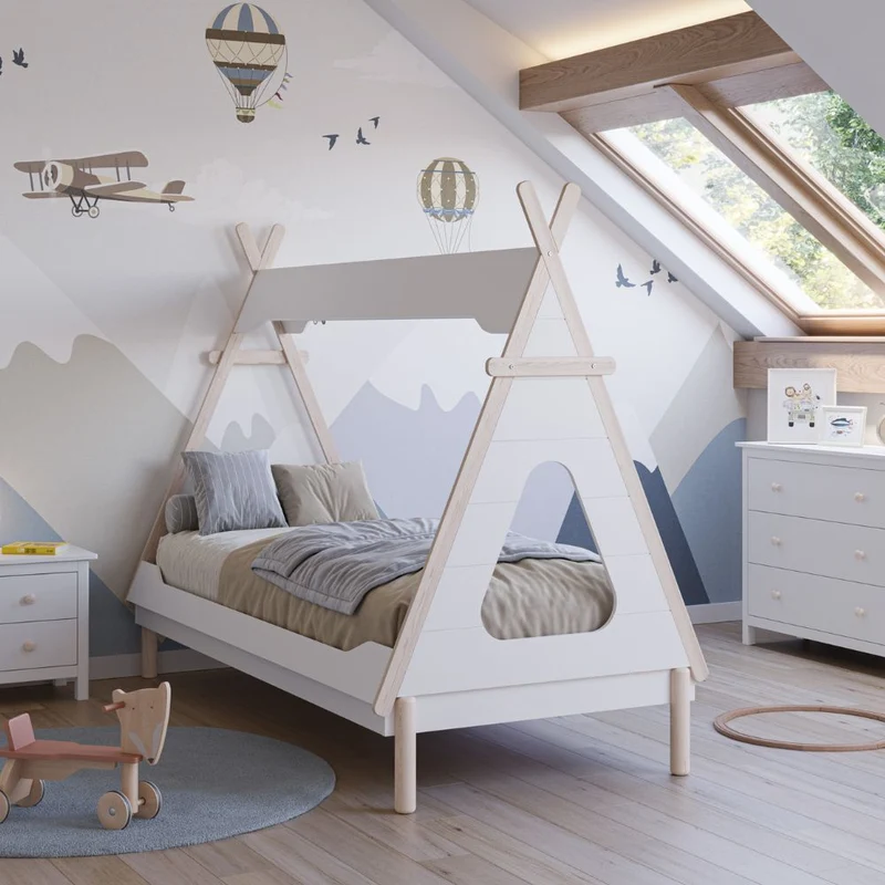 Letto singolo a forma di tenda colore bianco e pino - Nora